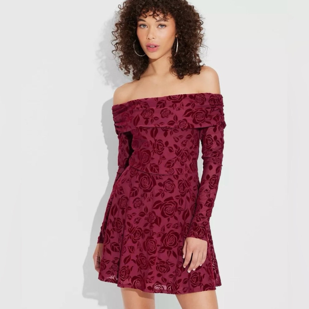 Burgundy Floral Long Sleeve Dress Wild Fable